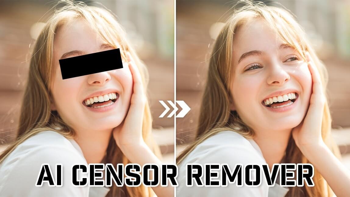 Mulher sorrindo em comparativo de antes e depois, mostrando a remoção de uma tarja preta dos olhos com um removedor de censura IA.