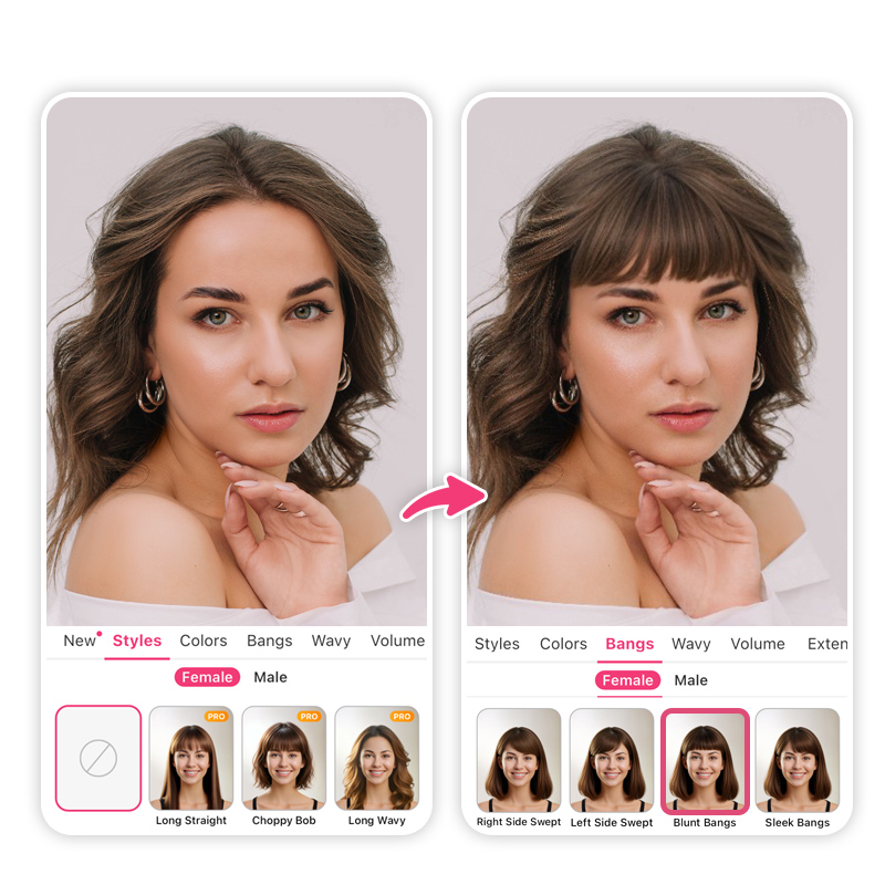 Try on blunt bangs in real time with YouCam Makeup app.