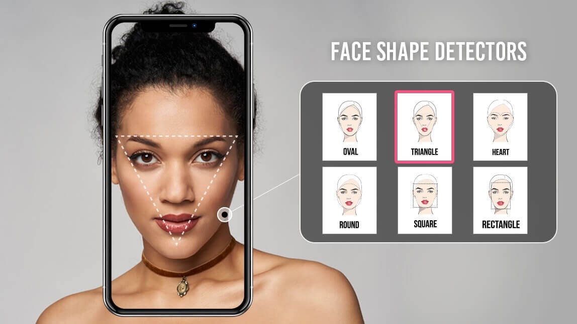 Mulher fazendo teste para descobrir formato do rosto com um app gratuito que usa IA para analisar e identificar tipos de rosto como oval, redondo e quadrado.