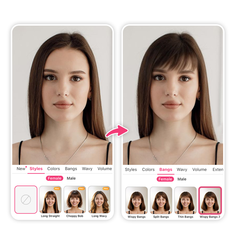 Try on curtain bangs in real time with YouCam Makeup app.