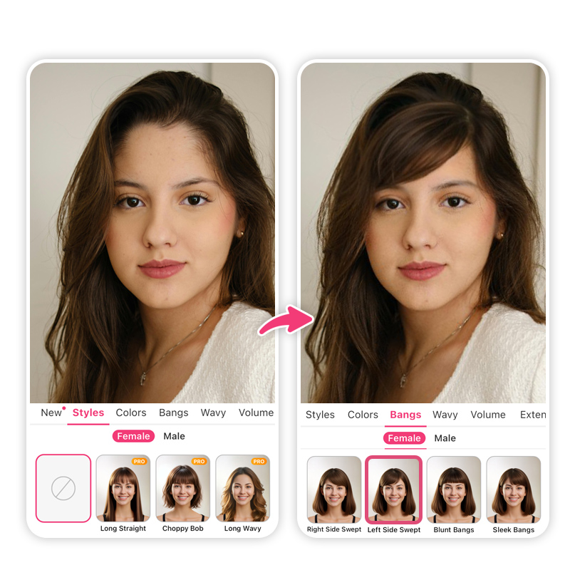 Try on side-swept bangs with YouCam Makeup app.