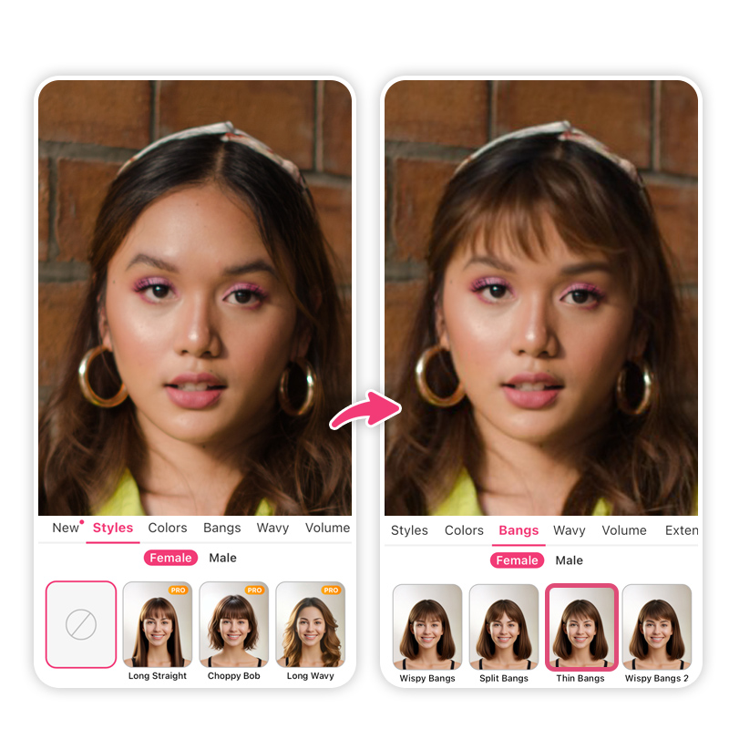 Try on baby bangs hairstyle with YouCam Makeup app.
