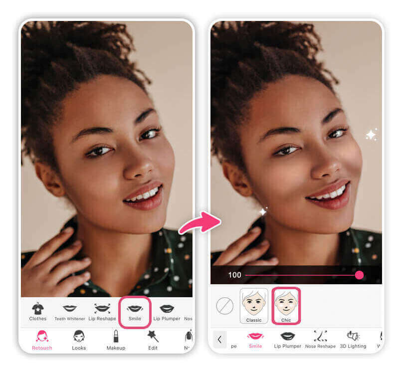 Antes e depois da edição de sorriso no YouCam Makeup.