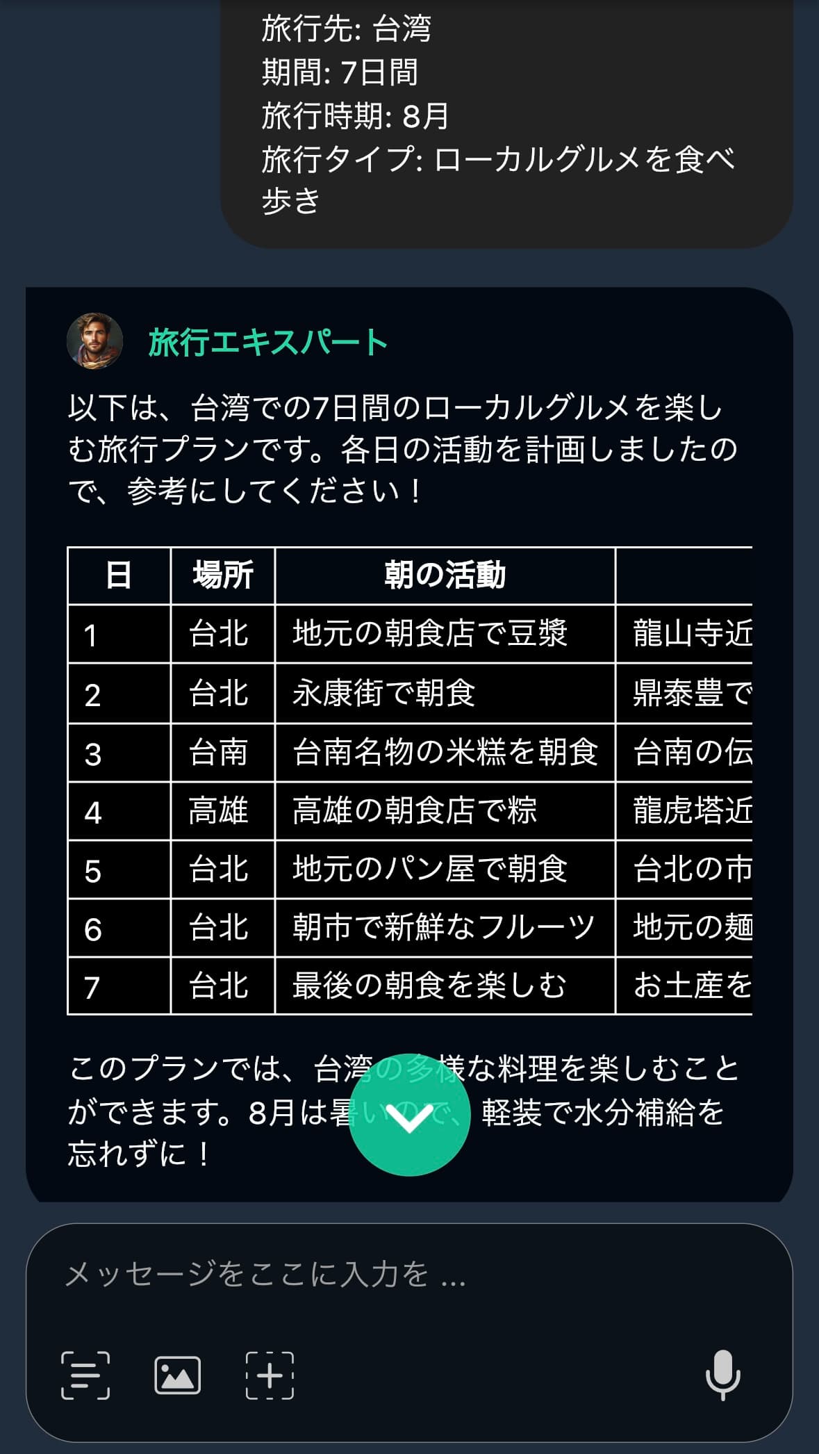AIが旅行プランを表にしてくれる