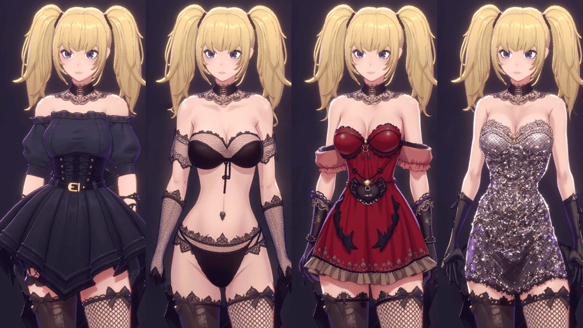 Montagem da companheira virtual Ani, waifu do Grok AI, usando a função 'trocar roupa com IA' para vestir um vestido gótico, lingerie preta, vestido vermelho e um vestido de lantejoulas.