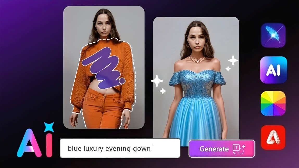 Demonstração de um aplicativo usando IA para tirar roupa de uma foto e substituir por um vestido azul de festa.