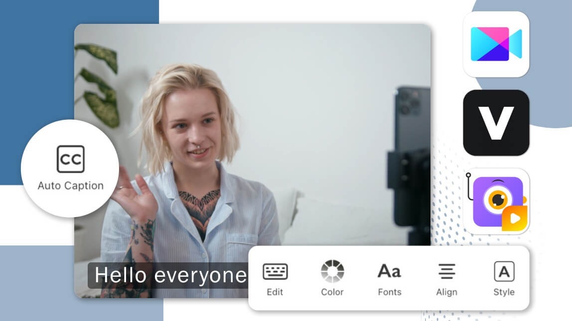 Uma mulher usando um aplicativo gerador de legendas com IA para legendar um vídeo automaticamente no celular.