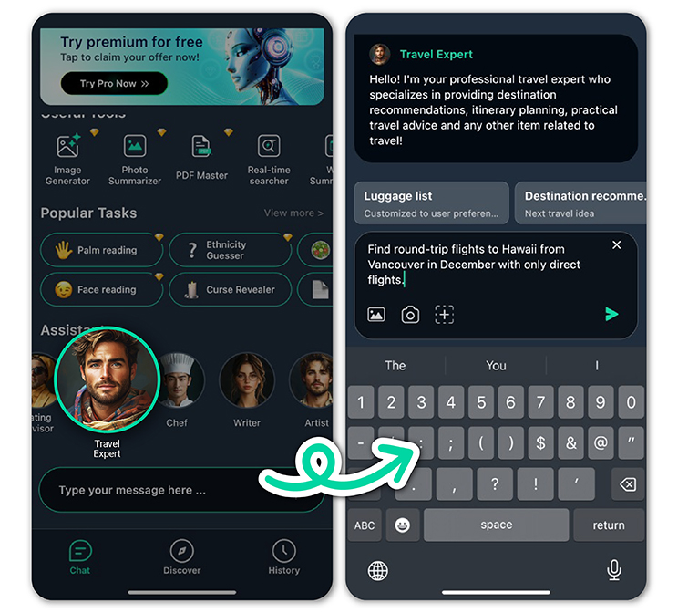 Ask travel related questions and use AI to find cheap flights with YouCam AI Chat
