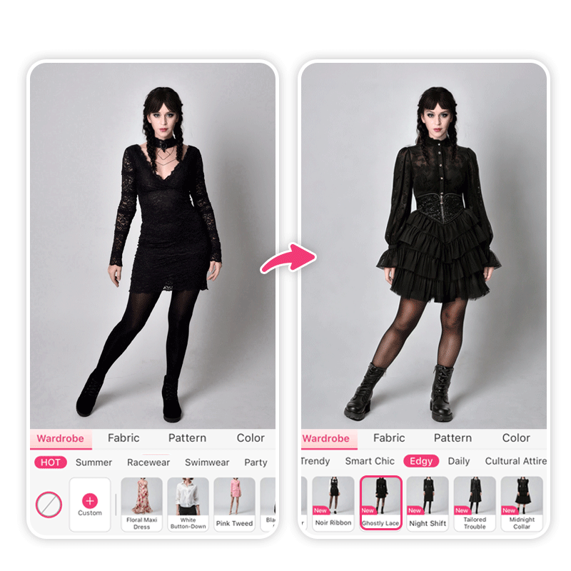 Try on Wednesday's iconic outfits with YouCam Makeup