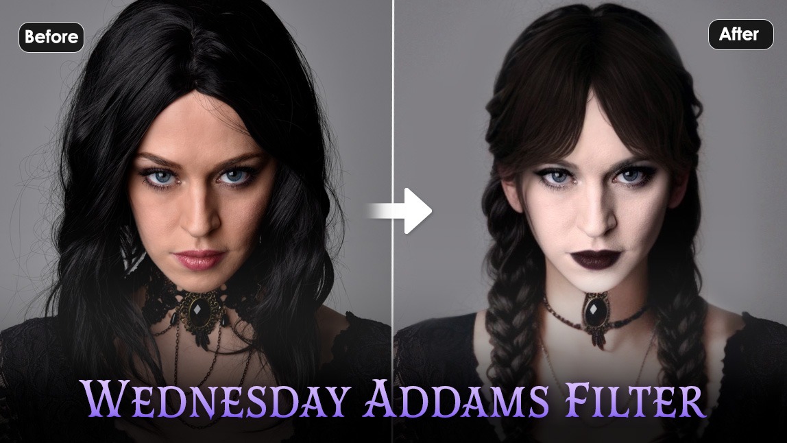 Try Wednesday Addams filter for the Wednesday look