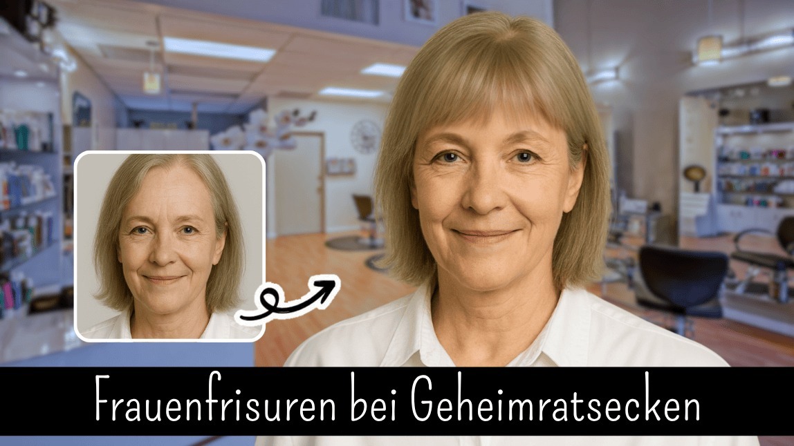 Vorher-Nachher-Vergleich einer Frisur zur Kaschierung von Geheimratsecken bei einer älteren Frau im Friseursalon, mit Text: Frauenfrisuren bei Geheimratsecken