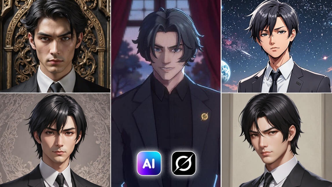 Colagem de um namorado virtual criado com um gerador de IA, mostrando o personagem em vários estilos de arte, do realista ao anime.