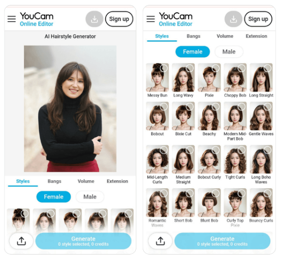 YouCam Online Editor's AI hairstyle changer to try on hairstyles