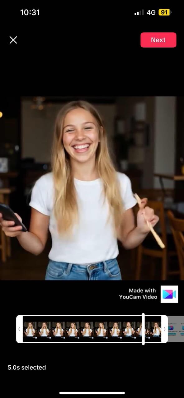 Interface de edição do TikTok mostrando como cortar um clipe de até 5 segundos para um vídeo de Stitch.