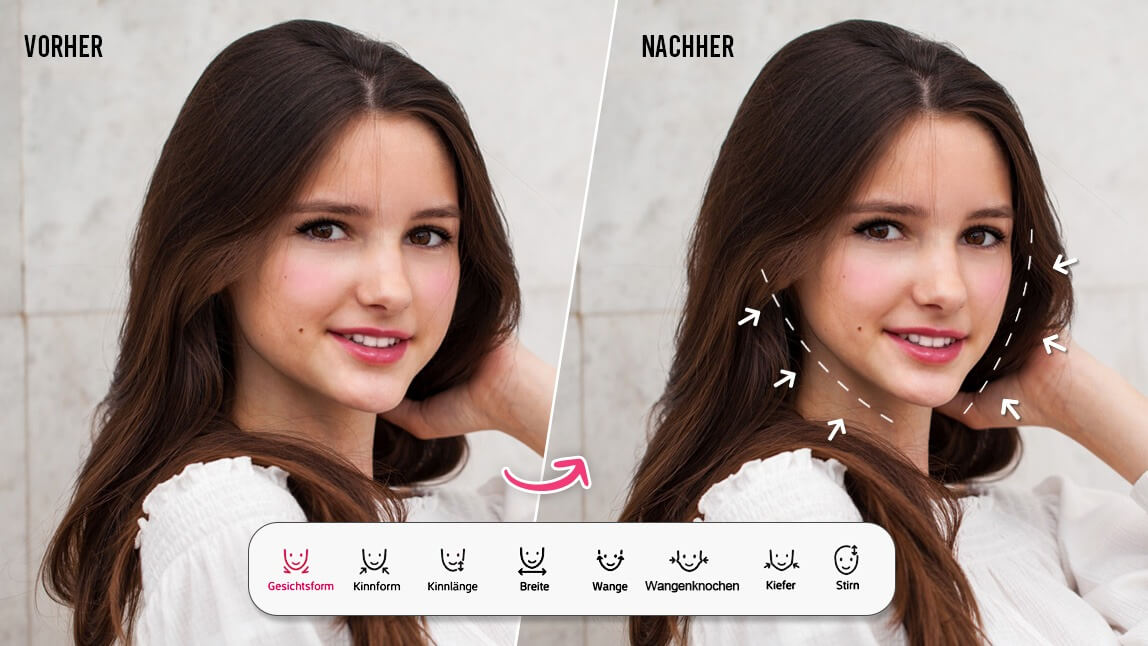 Vorher-Nachher-Beispiel für die Funktion 'Gesicht schmaler machen' in der YouCam Makeup App. Das Bild demonstriert, wie man die Gesichtsform, Wangen und Kiefer bearbeiten kann.