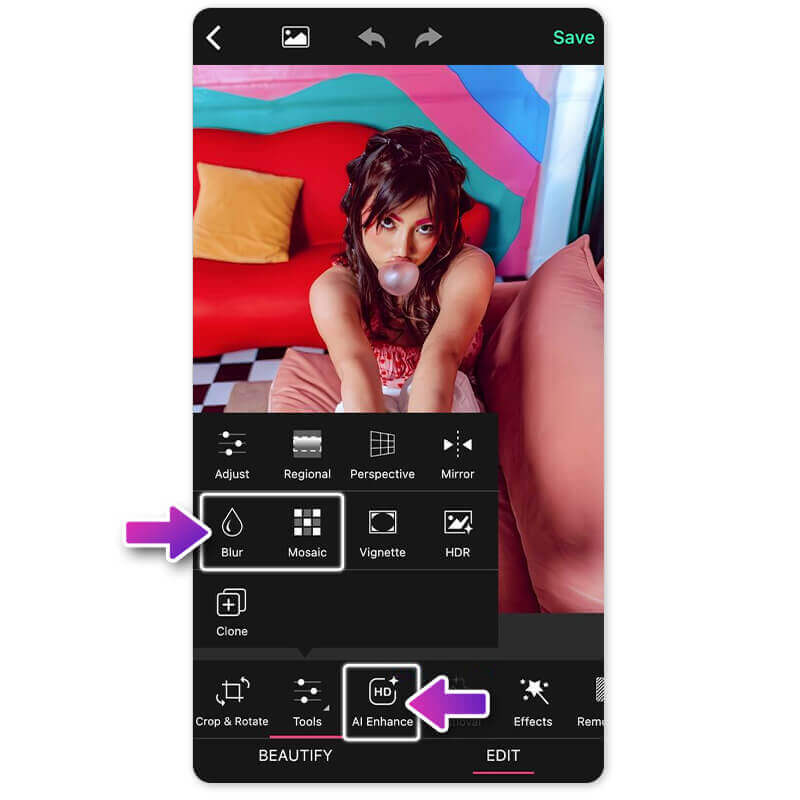 Die Werkzeuge Weichzeichnen, Mosaik und AI-Verbessern im besten Photo Resolution Changer