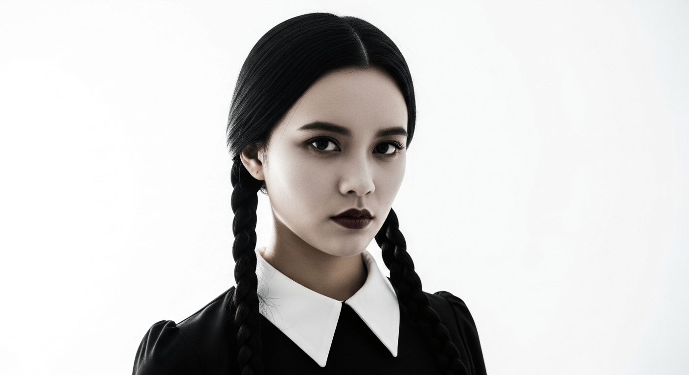 Modelo com maquiagem gótica e tranças, representando o filtro Wandinha Addams