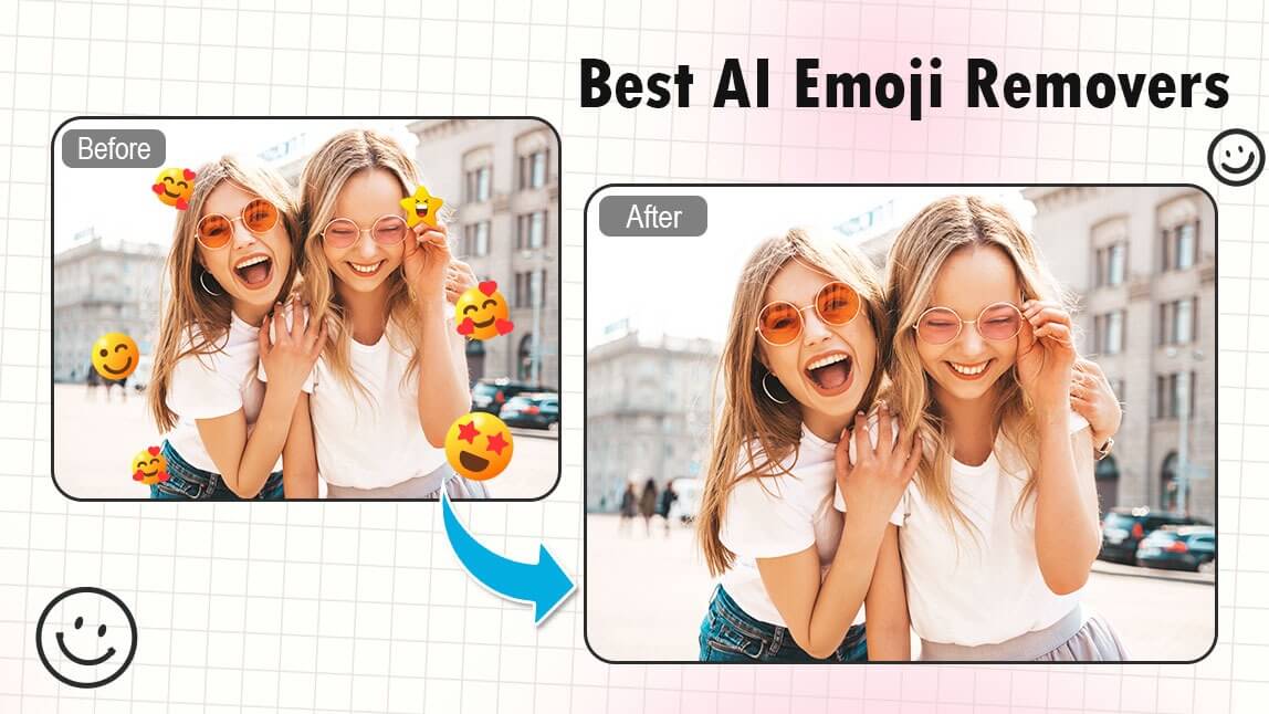 Imagem mostrando como tirar emoji de foto com um removedor de emoji IA. A foto da esquerda tem emojis e a da direita está limpa.