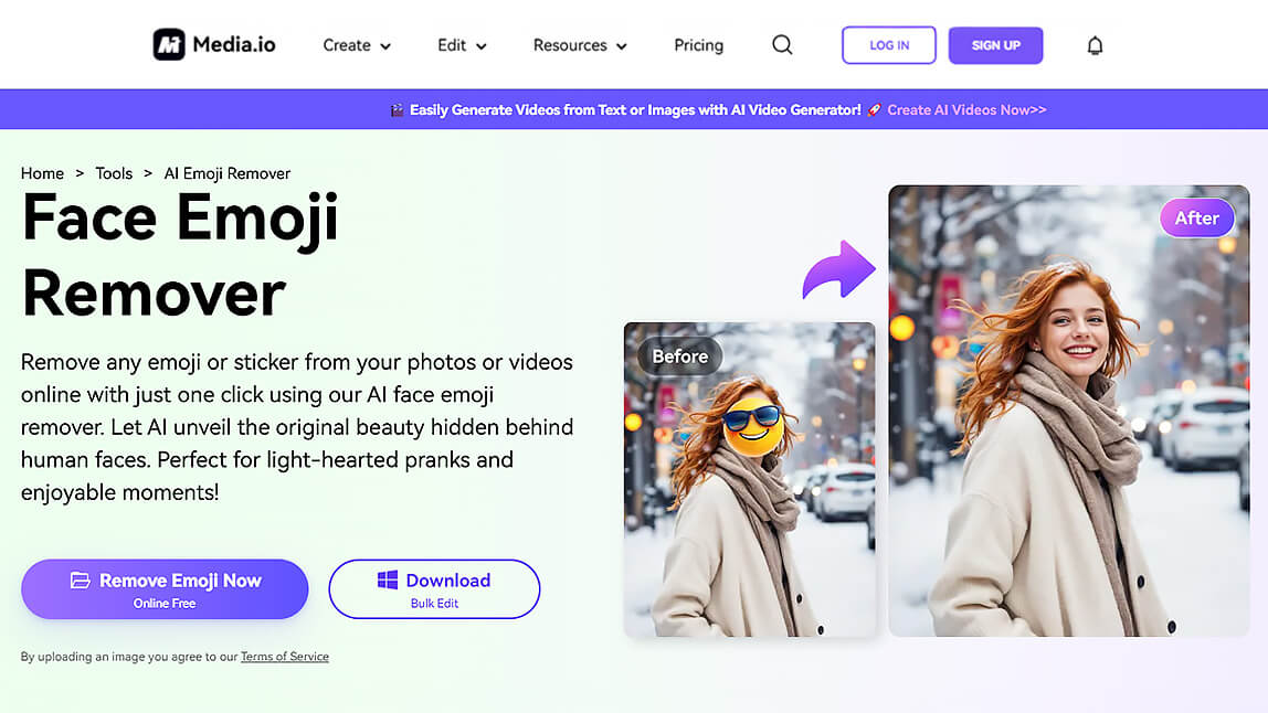Interface do removedor de emoji Media.io
