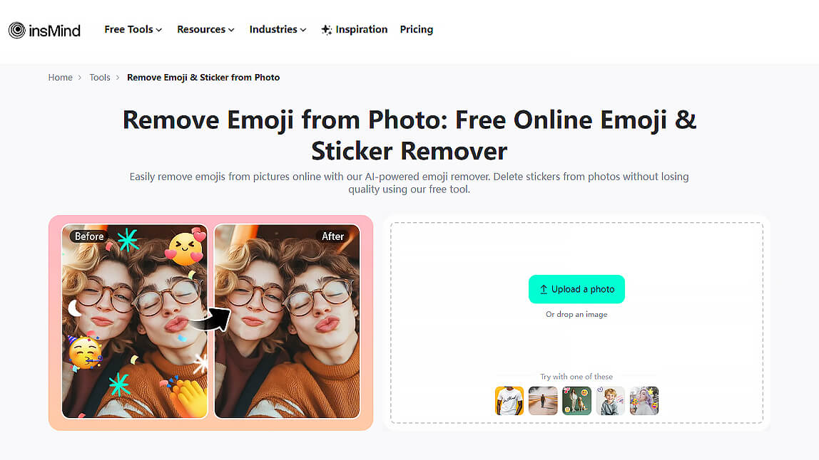 Interface do removedor de emoji insMind