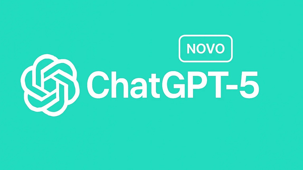Banner de lançamento do novo ChatGPT-5, mostrando o logo da OpenAI e o texto 'NOVO ChatGPT-5' em um fundo verde-água.