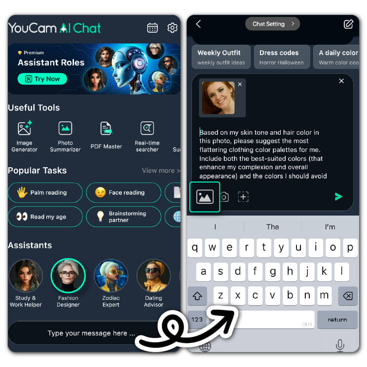 Interface do YouCam AI Chat para enviar uma selfie