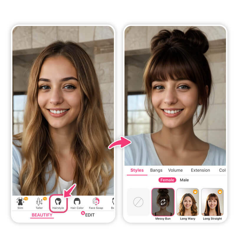 Experimente o coque bagunçado, um penteado para a volta às aulas, com o app YouCam Makeup