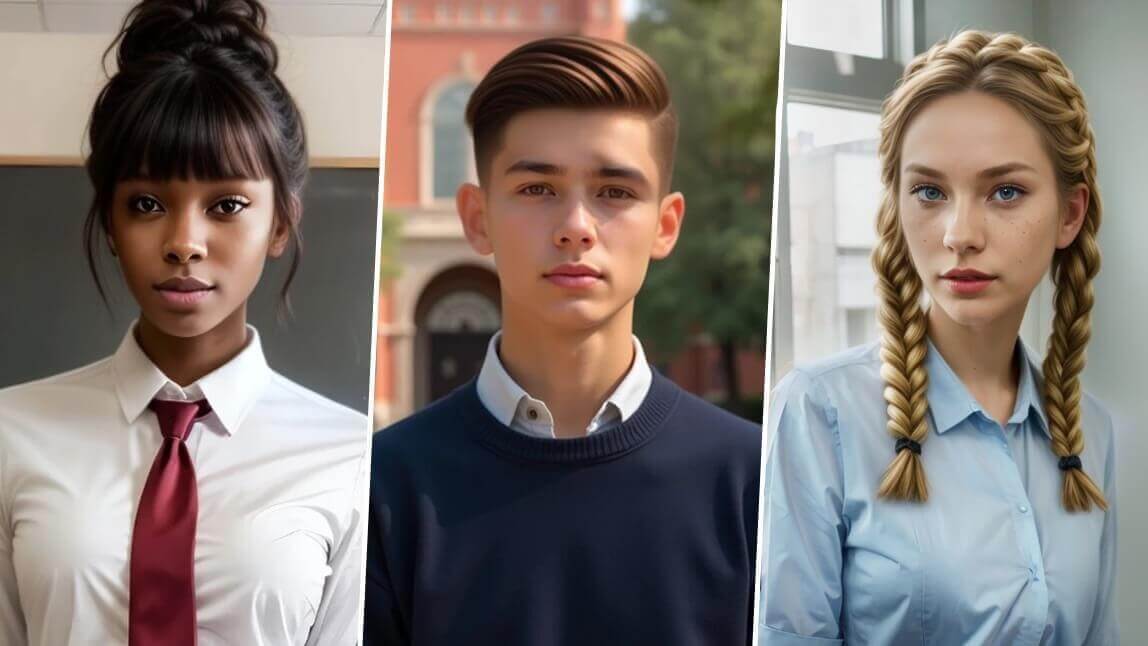 Três estudantes com penteados para a volta às aulas: uma jovem com coque alto e franja, um jovem com cabelo curto e topete, e uma jovem com tranças duplas.