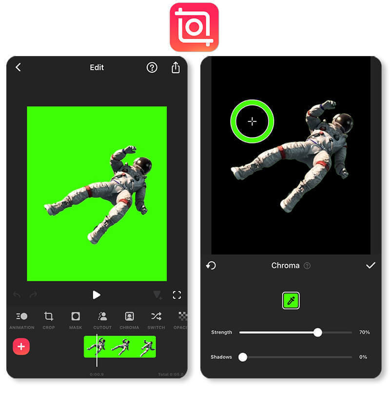 InShot-App, die für die intuitive Entfernung von Greenscreen-Video- und Fotohintergründen verwendet wird.