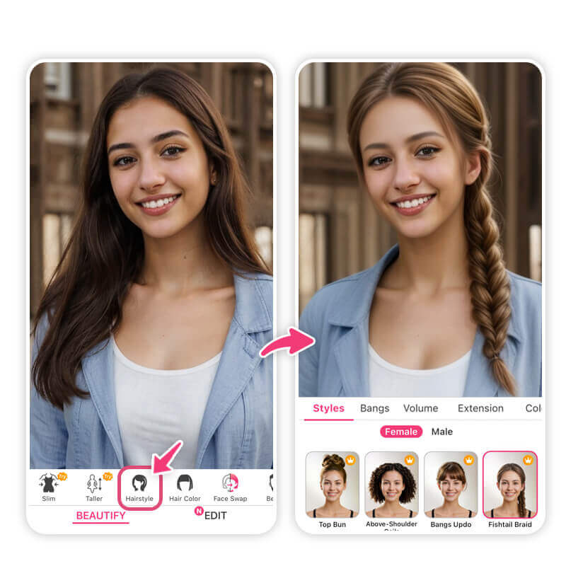 Teste o penteado de trança espinha de peixe para a escola em tempo real com a função de Penteado IA.