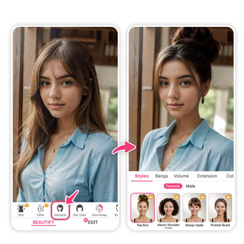 Teste o penteado de coque alto para a escola em segundos com a ferramenta de Penteado IA.