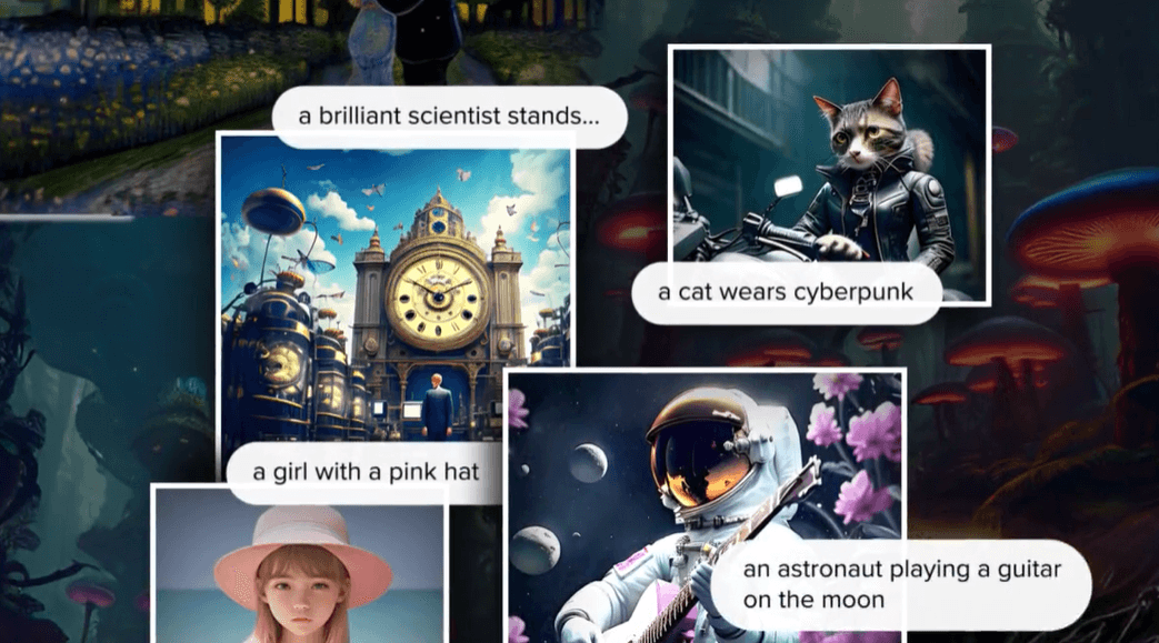 Demonstração de um gerador de imagens IA transformando prompts de texto em arte, mostrando um gato cyberpunk, um astronauta na lua e outros exemplos criativos.