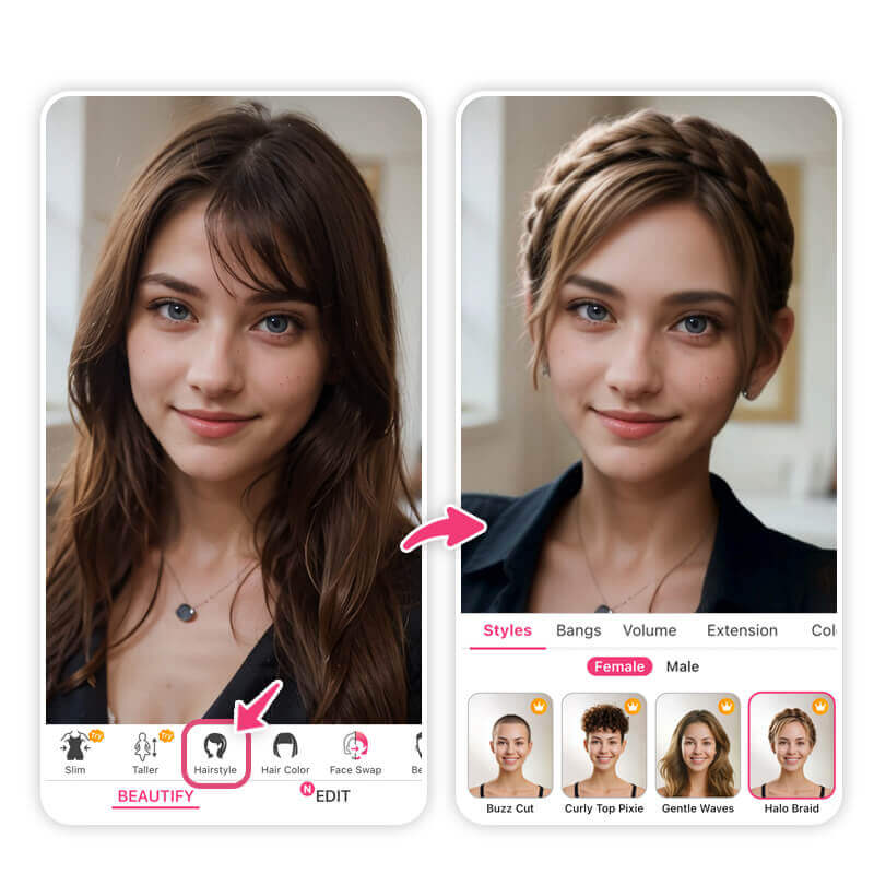 Teste o penteado de trança tiara para a escola na hora com o app YouCam Makeup.