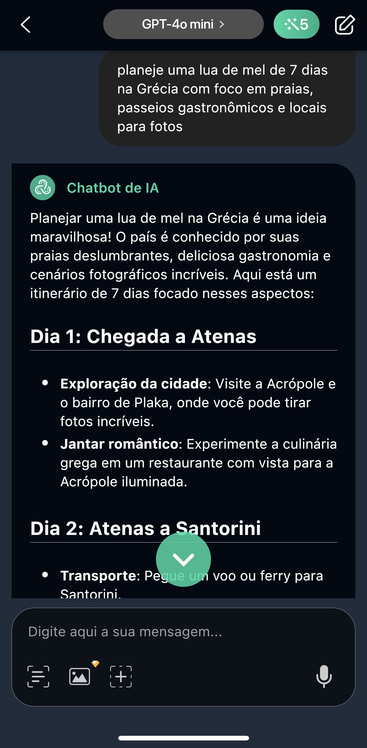 Interface de um chatbot de IA criando um roteiro de viagem personalizado para uma lua de mel na Grécia.