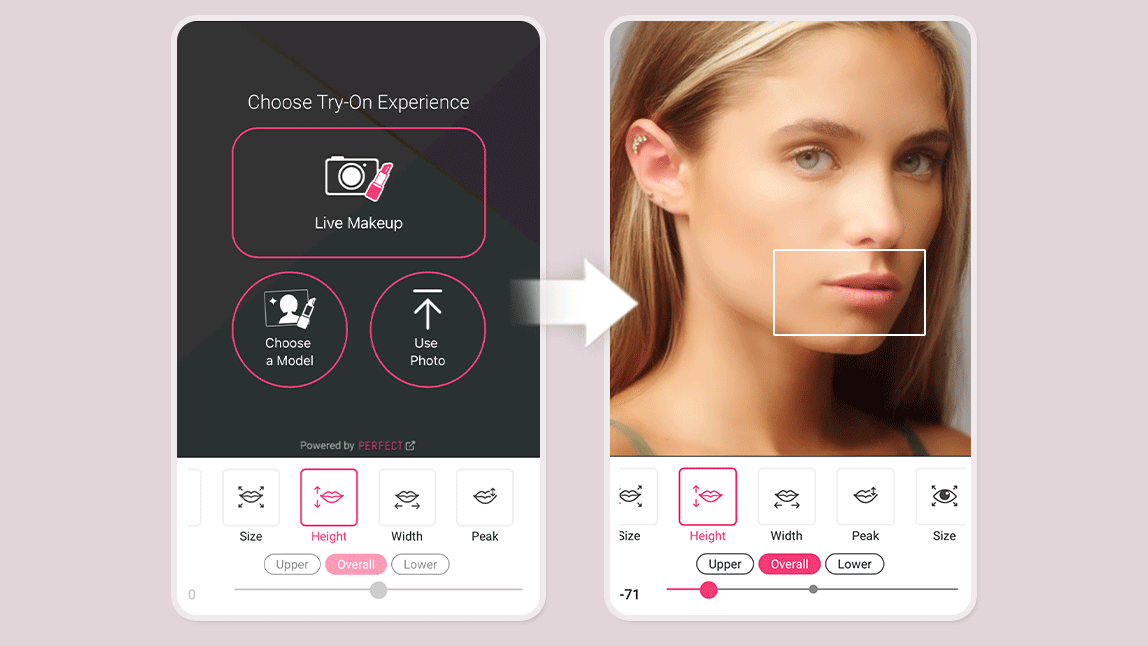 AI tool showing a before and after simulation of lip fillers on a woman's face.