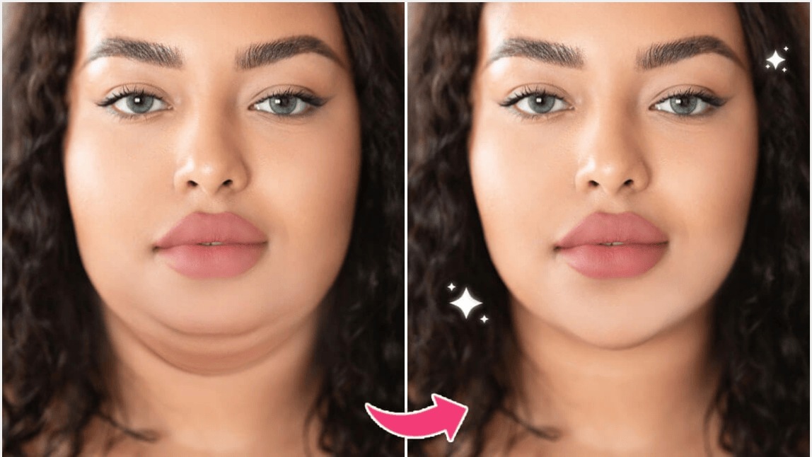 Antes e depois de remover a papada de uma foto com o aplicativo YouCam Makeup.