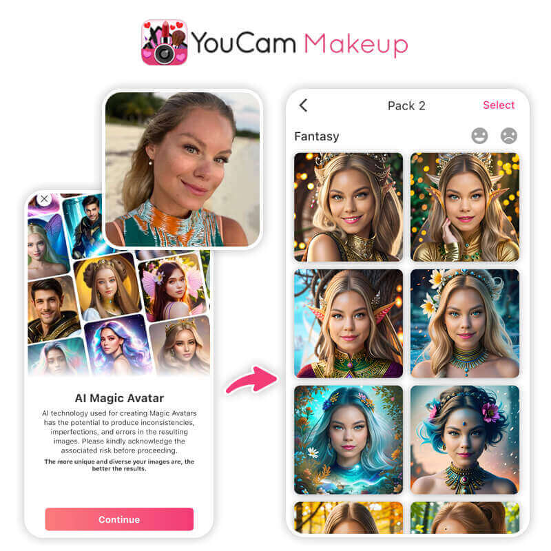 Exemplo de avatares mágicos criados com a ferramenta de IA do YouCam Makeup.