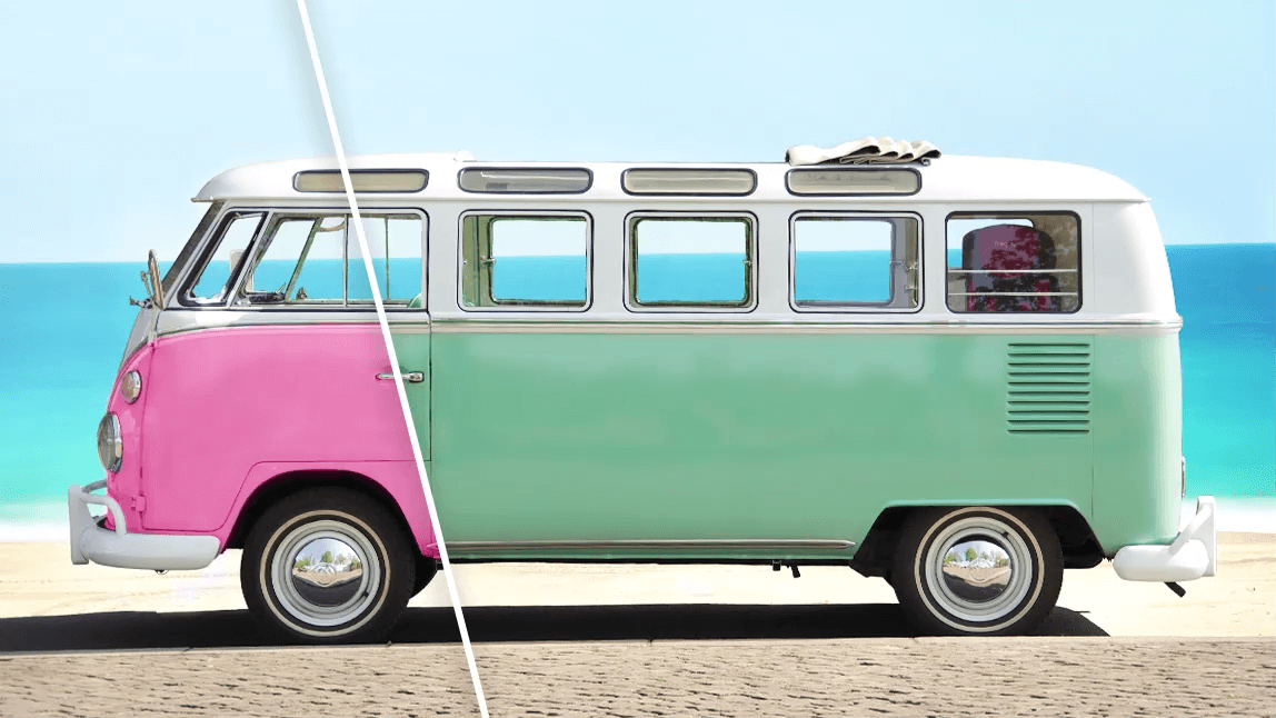 Comparativo de antes e depois mostrando a troca de cor de uma kombi na praia, de rosa para verde, com um editor de fotos.