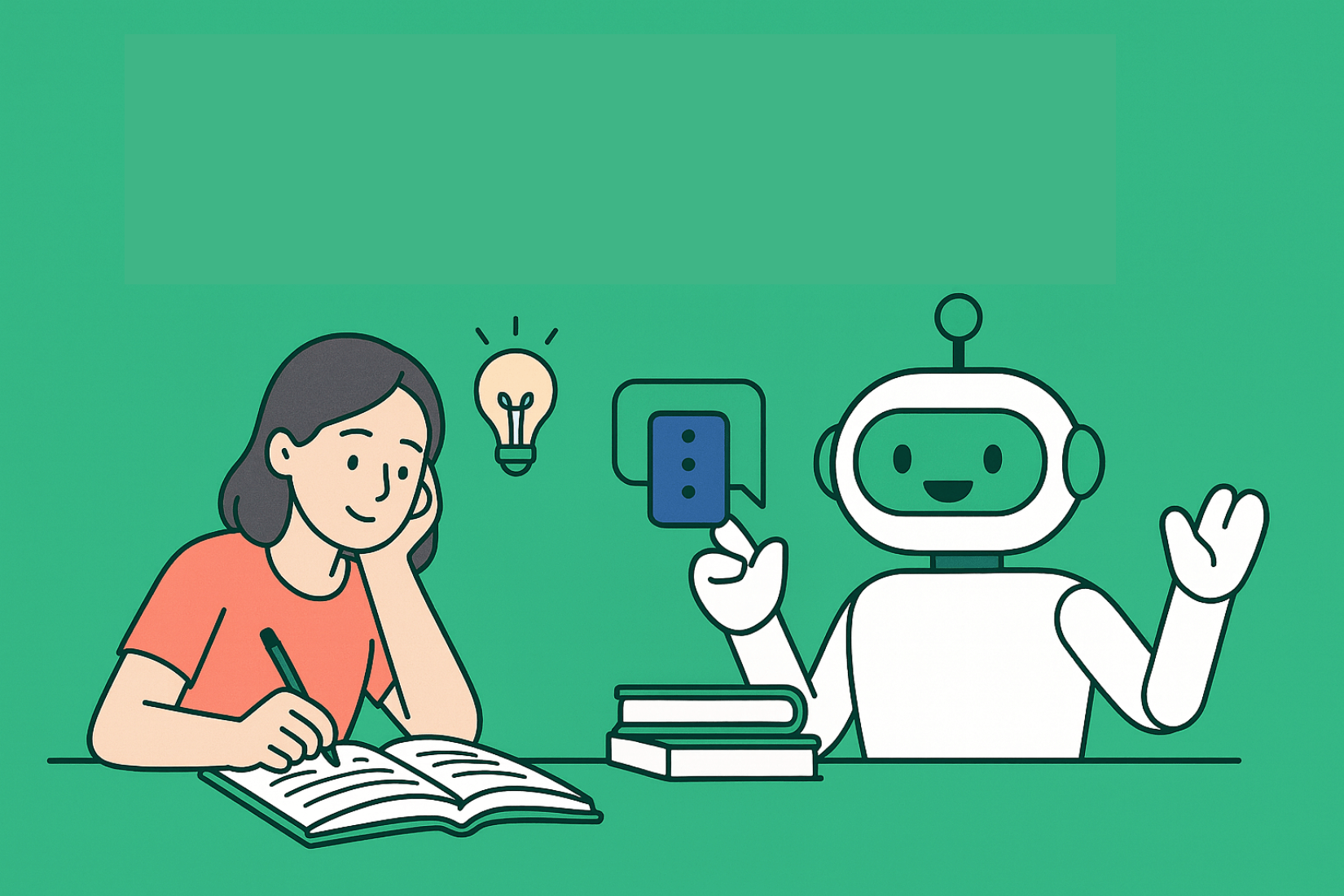 Ilustração de uma pessoa usando um assistente de IA para ajudar com ideias e tarefas de estudo e trabalho.