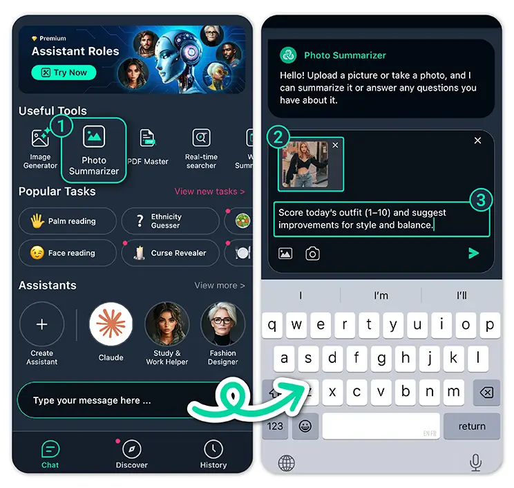 Interface do app mostrando como usar a IA para avaliar um look