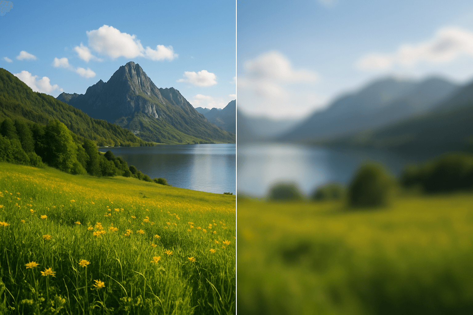 Comparativo de uma foto de paisagem embaçada e o resultado nítido após a correção. A imagem mostra como melhorar uma foto desfocada de um campo com flores, lago e montanhas.
