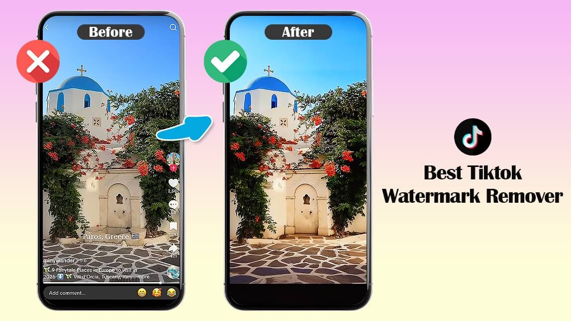Before and after shots on a smartphone screen show the YouCam Enhance app flawlessly removing a TikTok watermark from a video.