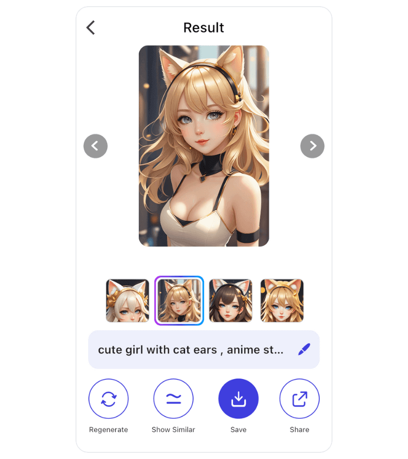 Salvando e compartilhando a waifu de anime criada no gerador YouCam AI Pro.