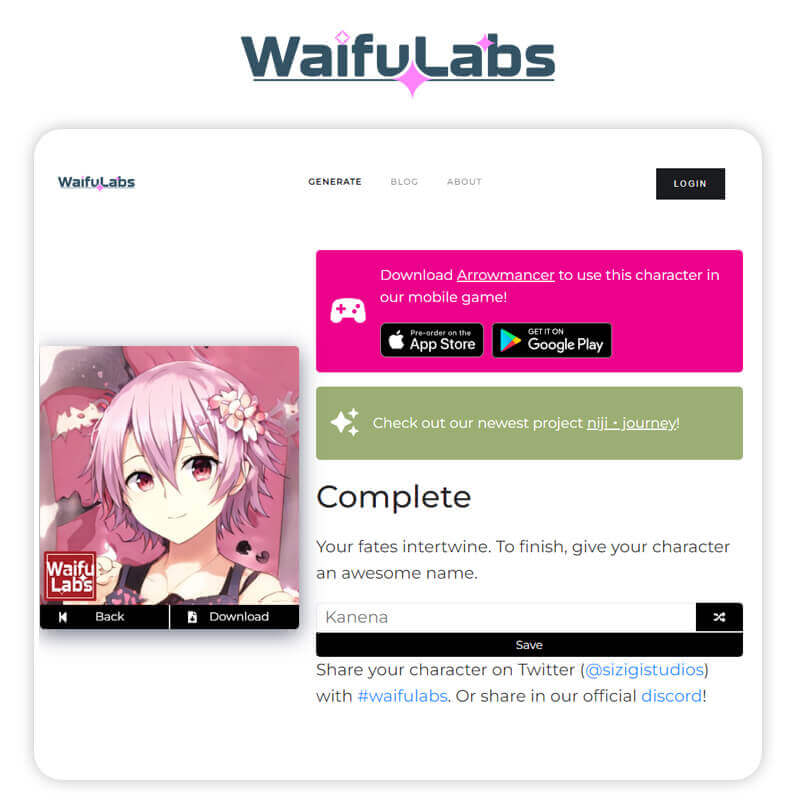 Interface do gerador de waifu Waifu Labs mostrando opções de personagens de anime.