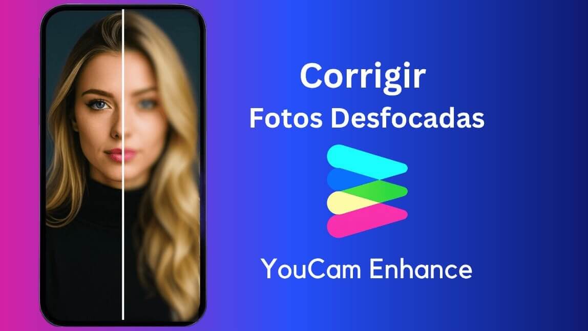 Banner do aplicativo YouCam Enhance para corrigir fotos desfocadas com IA, mostrando o resultado de uma imagem embaçada que ficou nítida.