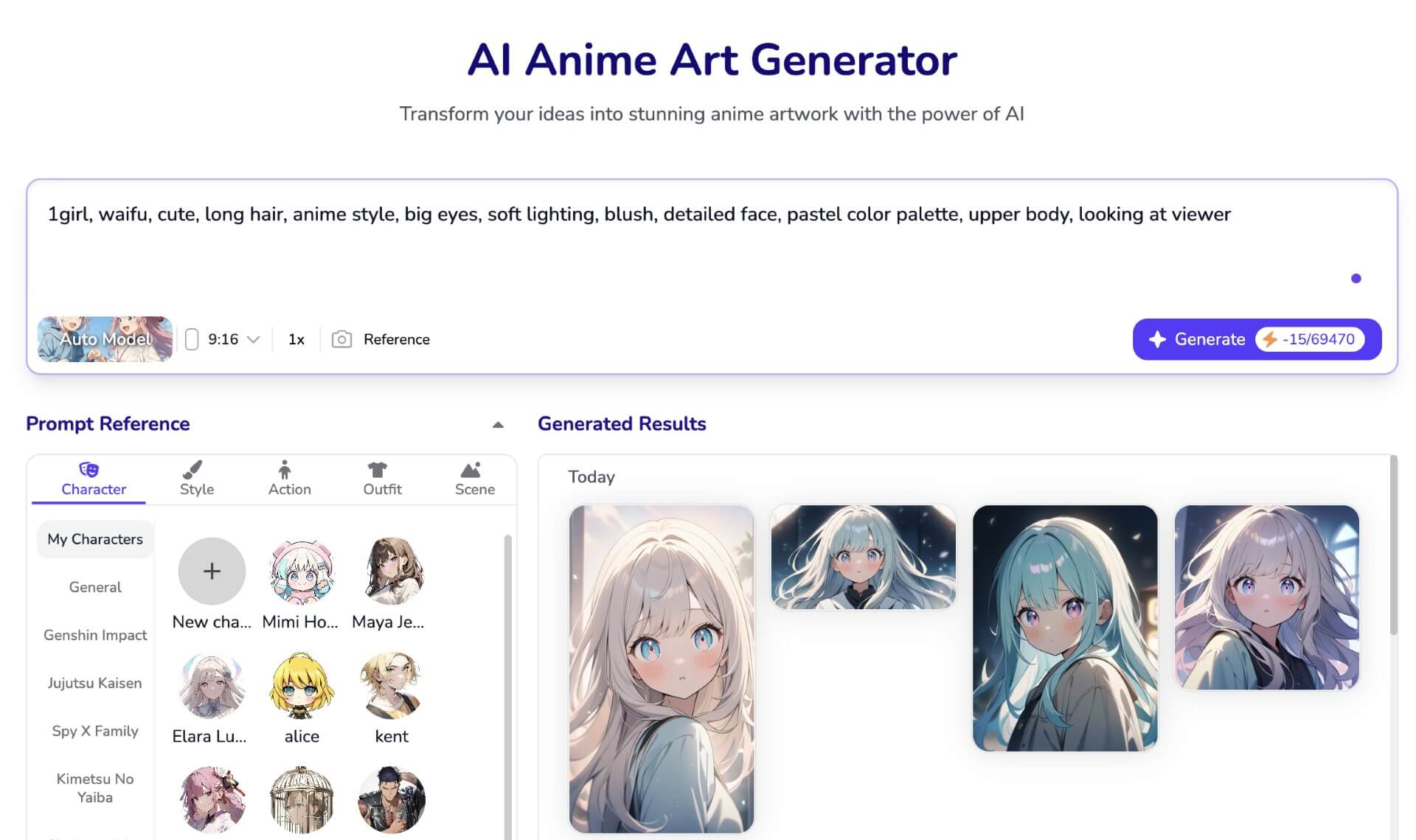 Gerador de waifu Komiko mostrando um personagem de anime com estilo artístico.
