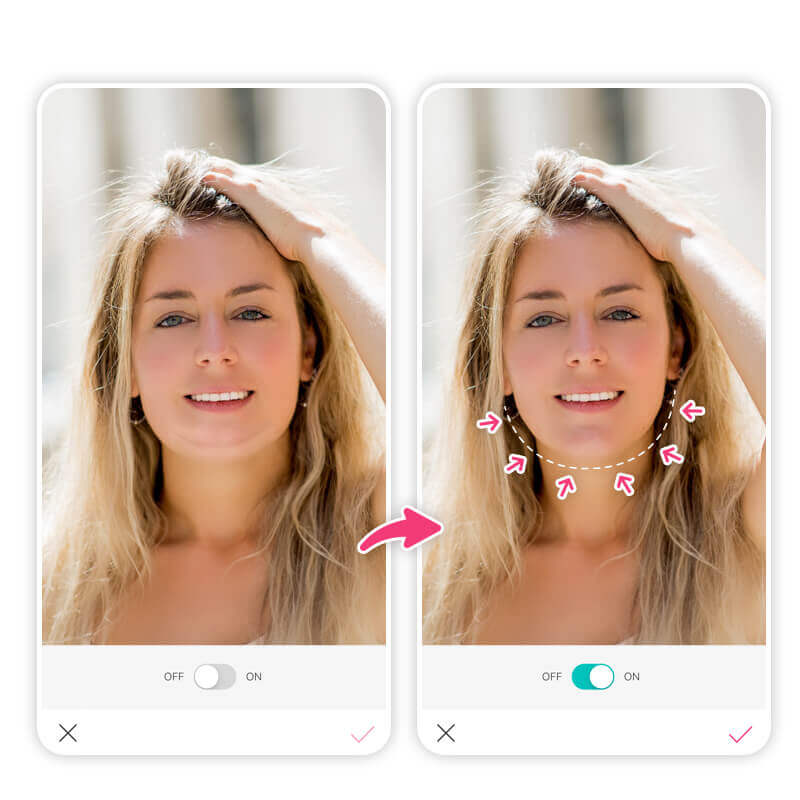 Demonstração da ferramenta de remoção de papada no aplicativo YouCam Makeup.