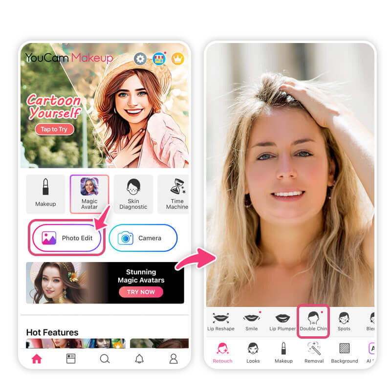 Tela do aplicativo YouCam Makeup para enviar uma foto e editar a papada.