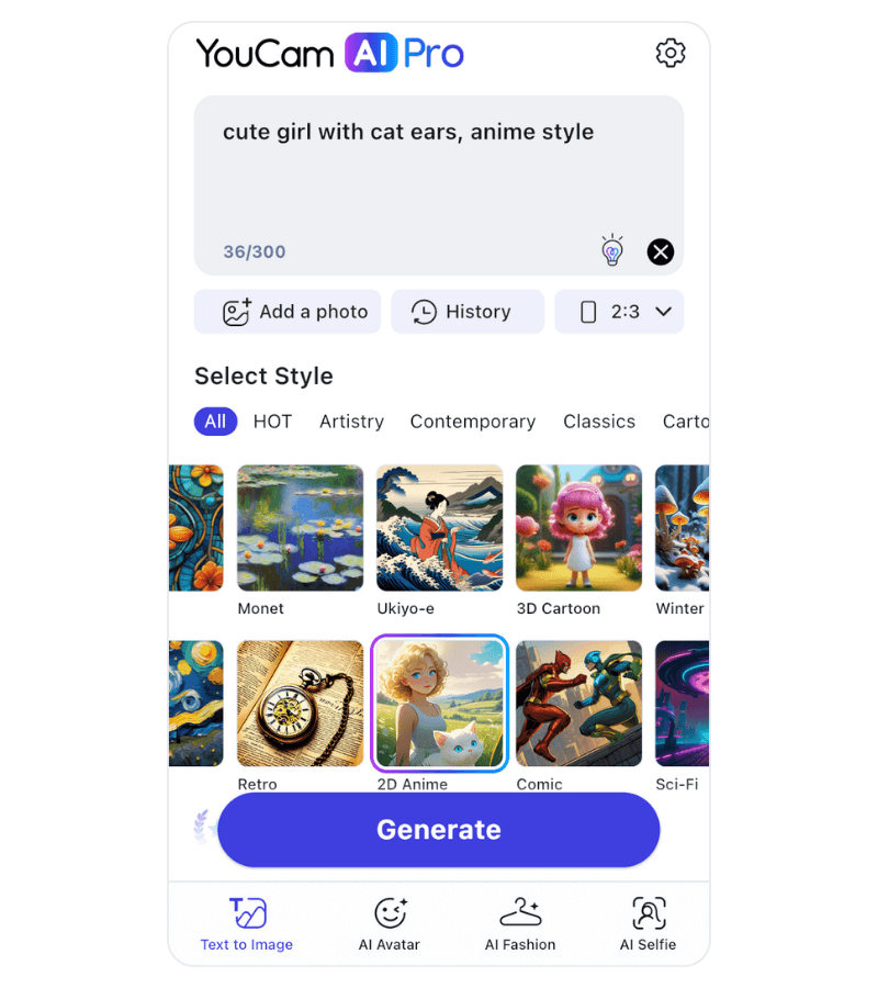 Passo a passo de como criar um personagem de anime no aplicativo YouCam AI Pro.