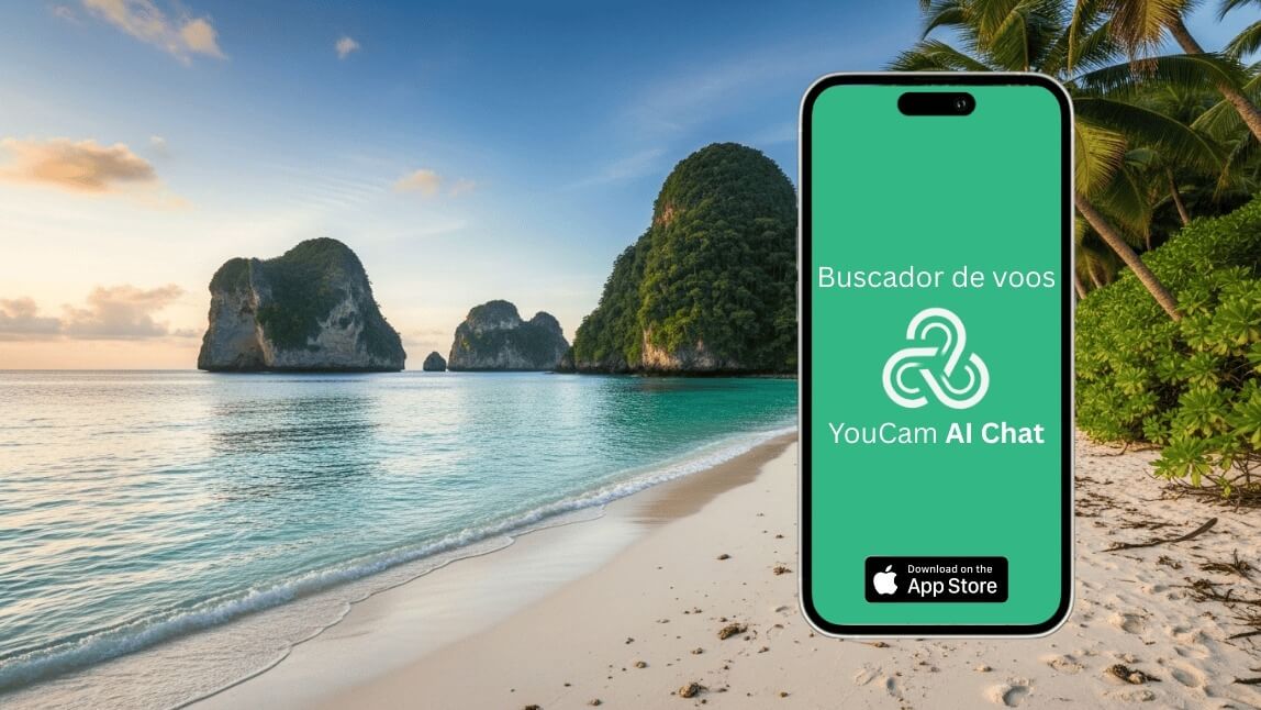 Celular em uma praia tropical exibindo o aplicativo YouCam AI Chat, um buscador de voos com IA para encontrar passagens aéreas baratas.